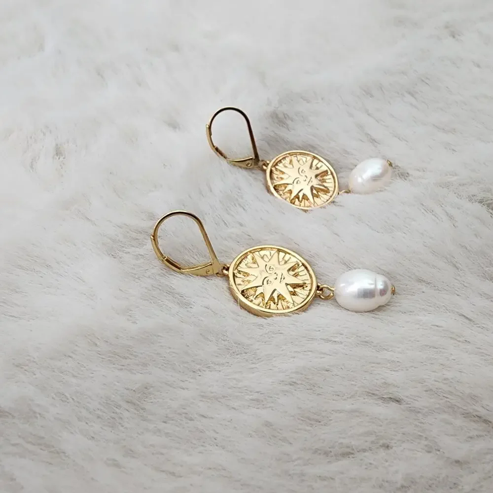 J. Crew Soleil Gold Sun Coin Pearl Drop Earrings Celestial Crystal Dangle NEW